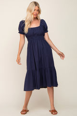 Navy Puff Sleeve Ruffle Hem Maternity Midi Dress