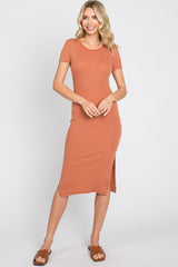 Rust Striped Side Slit Fitted Maternity Midi Dress