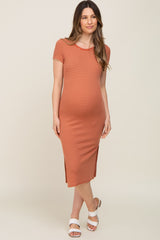 Rust Striped Side Slit Fitted Maternity Midi Dress