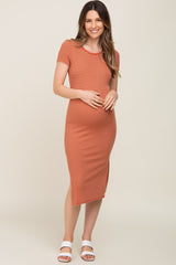 Rust Striped Side Slit Fitted Maternity Midi Dress