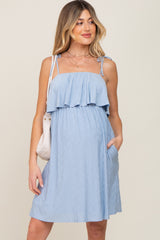 Light Blue Ruffle Overlay Shoulder Tie Maternity Dress