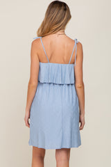 Light Blue Ruffle Overlay Shoulder Tie Maternity Dress