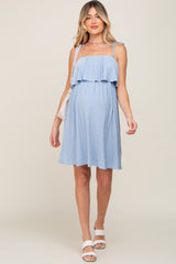 Light Blue Ruffle Overlay Shoulder Tie Maternity Dress