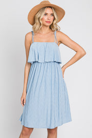 Light Blue Ruffle Overlay Shoulder Tie Dress