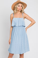 Light Blue Ruffle Overlay Shoulder Tie Maternity Dress