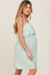 Light Olive Ruffle Overlay Shoulder Tie Maternity Dress