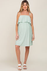 Light Olive Ruffle Overlay Shoulder Tie Maternity Dress