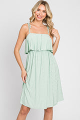 Light Olive Ruffle Overlay Shoulder Tie Maternity Dress