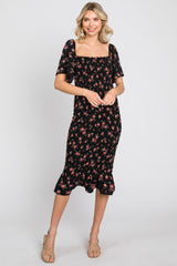 Black Floral Smocked Ruffle Hem Dress