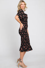 Black Floral Smocked Ruffle Hem Dress