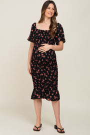 Black Floral Smocked Ruffle Hem Maternity Dress