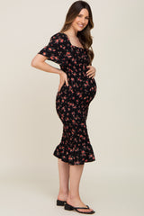 Black Floral Smocked Ruffle Hem Maternity Dress