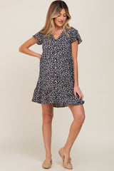 Black Floral Button Front Ruffle Maternity Dress