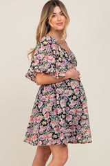 Black Floral Chiffon Sweetheart Neck Short Ruffle Sleeve Maternity Dress