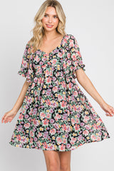 Black Floral Chiffon Sweetheart Neck Short Ruffle Sleeve Maternity Dress