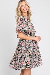 Black Floral Chiffon Sweetheart Neck Short Ruffle Sleeve Dress