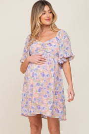 Peach Floral Chiffon Sweetheart Neck Short Ruffle Sleeve Maternity Dress