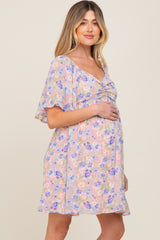 Peach Floral Chiffon Sweetheart Neck Short Ruffle Sleeve Maternity Dress