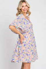 Peach Floral Chiffon Sweetheart Neck Short Ruffle Sleeve Dress