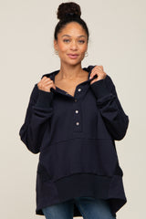 Navy Snap Front Button Maternity Hoodie