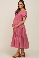 Mauve Smocked Puff Sleeve Tiered Maternity Midi Dress