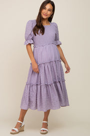 Lavender Smocked Puff Sleeve Tiered Maternity Midi Dress