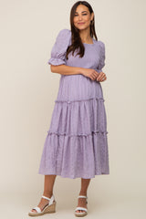 Lavender Smocked Puff Sleeve Tiered Maternity Midi Dress