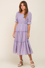 Lavender Smocked Puff Sleeve Tiered Maternity Midi Dress