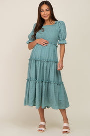 Teal Smocked Puff Sleeve Tiered Maternity Midi Dress