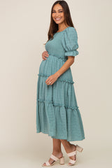 Teal Smocked Puff Sleeve Tiered Maternity Midi Dress