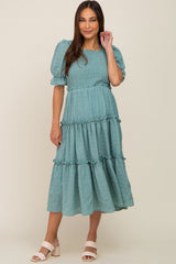 Teal Smocked Puff Sleeve Tiered Maternity Midi Dress