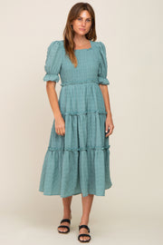 Teal Smocked Puff Sleeve Tiered Midi Dress