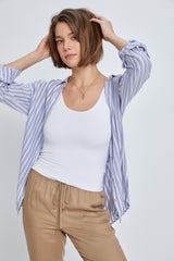 Blue Striped Button Up Rolled Sleeve Top