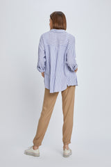 Blue Striped Button Up Rolled Sleeve Top