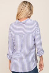 Blue Striped Button Up Rolled Sleeve Top