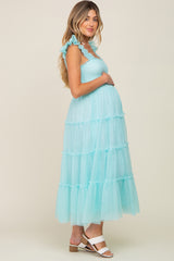 Aqua Smocked Mesh Ruffle Accent Maternity Midi Dress