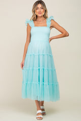 Aqua Smocked Mesh Ruffle Accent Maternity Midi Dress