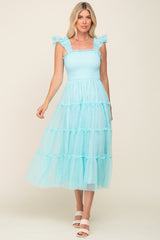 Aqua Smocked Mesh Ruffle Accent Maternity Midi Dress