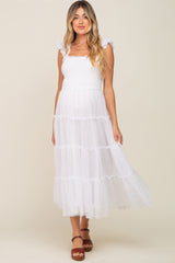 Ivory Smocked Mesh Ruffle Accent Maternity Midi Dress