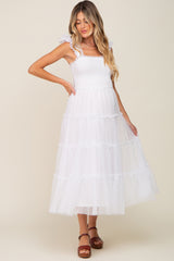 Ivory Smocked Mesh Ruffle Accent Maternity Midi Dress