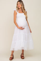 Ivory Smocked Mesh Ruffle Accent Maternity Midi Dress