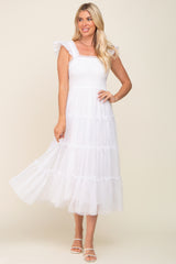 Ivory Smocked Mesh Ruffle Accent Midi Dress