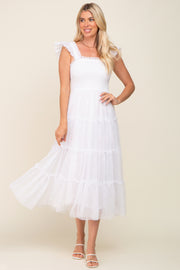 Ivory Smocked Mesh Ruffle Accent Midi Dress