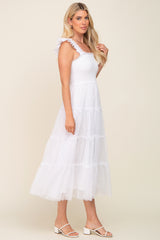 Ivory Smocked Mesh Ruffle Accent Midi Dress