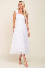 Ivory Smocked Mesh Ruffle Accent Midi Dress