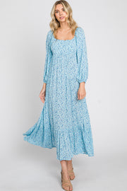 Blue Floral Square Neck 3/4 Sleeve Midi Dress