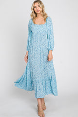 Blue Floral Square Neck 3/4 Sleeve Maternity Midi Dress