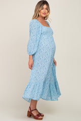 Blue Floral Square Neck 3/4 Sleeve Maternity Midi Dress