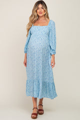 Blue Floral Square Neck 3/4 Sleeve Maternity Midi Dress