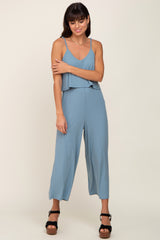 Blue Ribbed Double Layer Cropped Jumpsuit